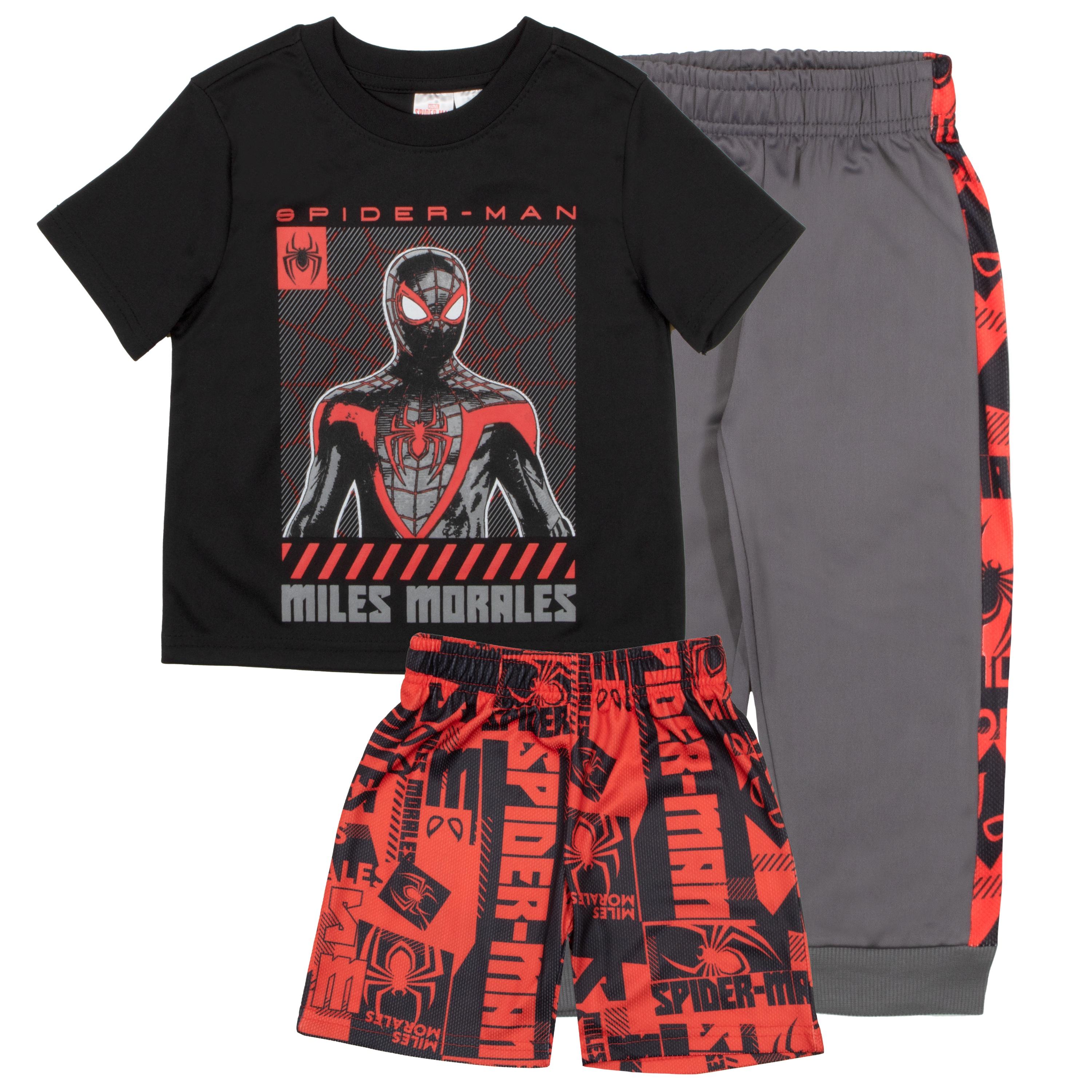 Spider-Man Peter Parker Miles Morales Boys 3-Piece Set - Short Sleeve T-Shirt, Shorts, \u0026 Jogger Pants 3-Pack Bundle (Sizes 2T-12)